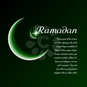 Template vector with moon, star, dark green background with inscription Ramadan.