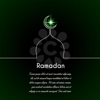 Template vector with moon, mosque, star, dark green background with inscription Ramadan.
