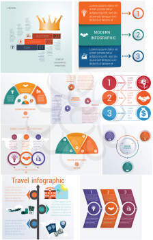 Set 10 universal templates elements Infographics conceptual cyclic processes for 3 positions possible to use for workflow, banner, diagram, web design, timeline, area chart,number options