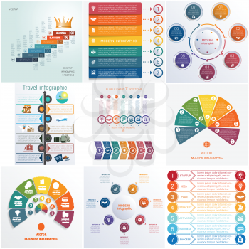Set 10 universal templates elements Infographics conceptual cyclic processes for 7 positions possible to use for workflow, banner, diagram, web design, timeline, area chart,number options