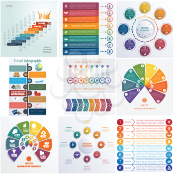 Set 10 universal templates elements Infographics conceptual cyclic processes for 8 positions possible to use for workflow, banner, diagram, web design, timeline, area chart,number options