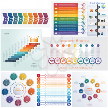 Set 8 universal templates elements Infographics conceptual cyclic processes for 9 positions possible to use for workflow, banner, diagram, web design, timeline, area chart,number options