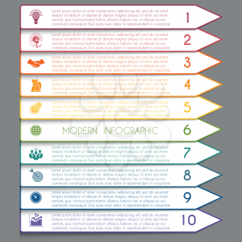  Template infographic horizontal white strips on colorful arrows lines 10 positions for text