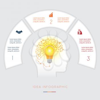 Head, lightbulb, brain, Conceptual idea infographics vector template three positions for text area, possible to use for workflow, banner, diagram, web design, timeline, area chart,number options