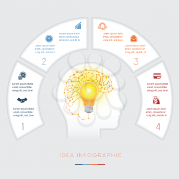 Head, lightbulb, brain, Conceptual idea infographics vector template four positions for text area, possible to use for workflow, banner, diagram, web design, timeline, area chart,number options