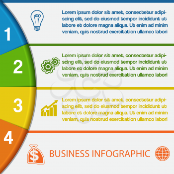 Infographics strips and colorful semicircle for business conceptual cyclic processes on four positions possible to use for workflow, banner, diagram, web design, timeline, area chart