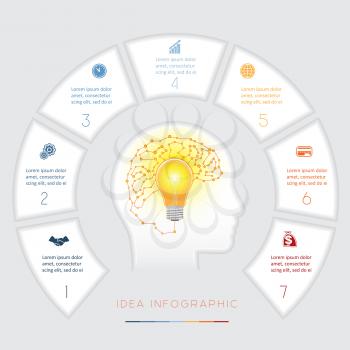 Head, lightbulb, brain, Conceptual idea infographics vector template seven positions for text area, possible to use for workflow, banner, diagram, web design, timeline, area chart,number options