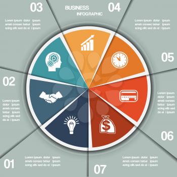 Infographic Pie chart template from colourful circle with text areas on seven positions