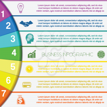 Infographics strips and colorful semicircle for business conceptual cyclic processes on seven positions possible to use for workflow, banner, diagram, web design, timeline, area chart 