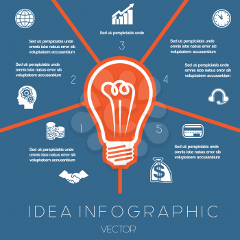 Idea Business Concept. Light bulb infographics template on five positions possible to use for workflow, banner, diagram,  web design, timeline, area chart