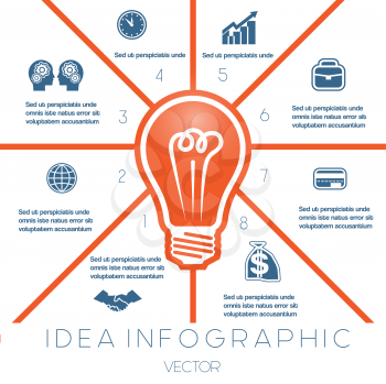 Light bulb infographics template on eight positions possible to use for workflow, banner, diagram, web design, timeline, area chart