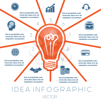 Light bulb infographics template on nine positions possible to use for workflow, banner, diagram, web design, timeline, area chart