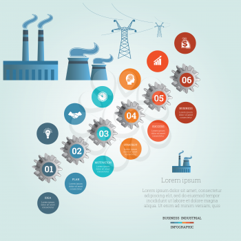 Gear wheels numbered, icons business, Pipe factory smoke, electric transmission lines, industrial infographic template with text areas on six positions