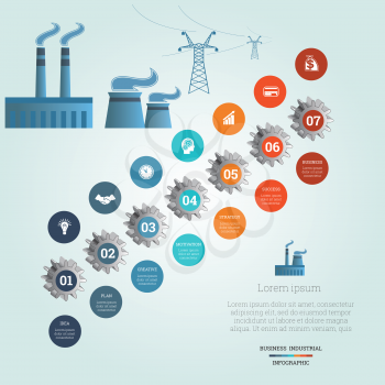 Gear wheels numbered, icons business, Pipe factory smoke, electric transmission lines, industrial infographic template with text areas on seven positions