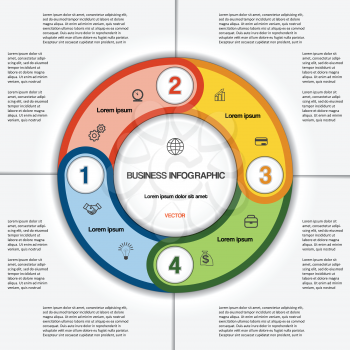 Infographic for success business project, multi-coloured ring numbered, template with text area on four positions