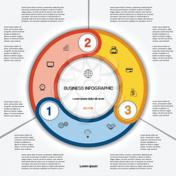Infographic for success business project, multi-coloured ring numbered, template with text area on three positions 
