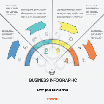 Infographic for success business project template with text areas on four positions, Easy to edit vector illustration with 4 colour arrows and semicircle 
