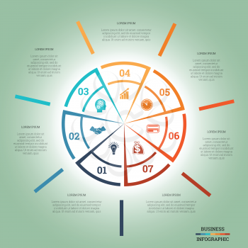Infographic Pie chart template colourful circle from lines with text areas on seven positions