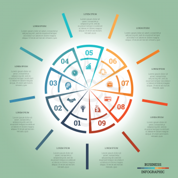 Infographic Pie chart template colourful circle from lines with text areas on nine positions