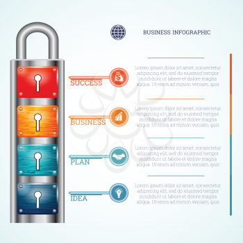 Abstract Creative concept vector business infographics, template padlock with four keyholes and keys, place for text of 4 positions