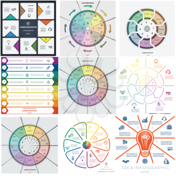Set 9 templates. Infographics for business conceptual cyclic processes on  eight, nine, ten positions possible to use for workflow, banner, diagram, web design, timeline, area chart
