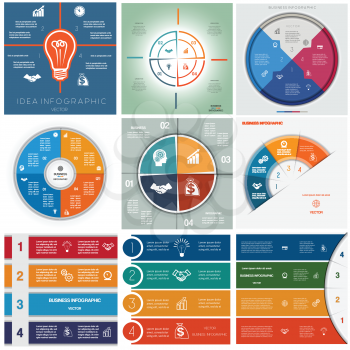 Set 9 templates, Infographics business conceptual cyclic processes, four positions for text area, possible to use for workflow, banner, diagram, web design, timeline, area chart