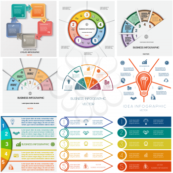 Set 9 templates. Infographics business conceptual cyclic processes five positions for text area, possible to use for workflow, banner, diagram, web design, timeline, area chart