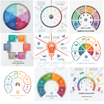 Set 9 templates, Infographics business conceptual cyclic processes, six positions for text area possible to use for workflow, banner, diagram, web design, timeline, area chart 