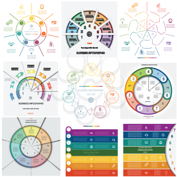 Set 9 templates. Infographics for business conceptual cyclic processes seven positions possible to use for workflow, banner, diagram, web design, timeline, area chart 