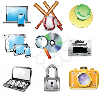 Set 9 vector realistic icons, camera, laptop, mobile phone, tablet, magnifying glass, disk, metallic padlock, baseball bat, metallic plate, button 
