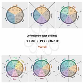 Business infographic for success project and other Your variant. Set, vector illustration pie chart  template with text areas and arrows on 3,4,5,6,7,8 positions