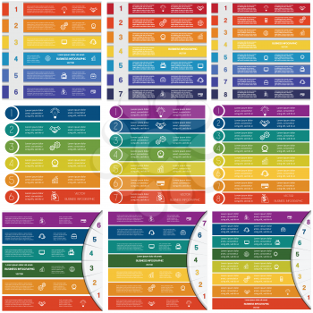 Set Infographic Vector templates colorful strips numbered with place for text on 6, 7, 8 positions or steps 