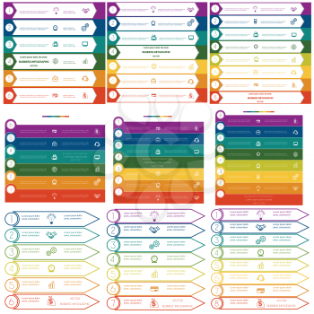 Infographics cyclic processes, 9 templates, Business concept, colorful strips on six, seven, eight options possible to use for work flow, banner, diagram, web design, time line, area