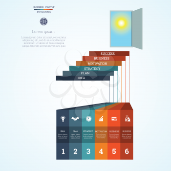  Vector illustration Infographic template steps up ladders and doorway, sky, sun, startup business concept with six steps or processes. Can be used for workflow, banner, diagram, web design, timeline, area chart,number options