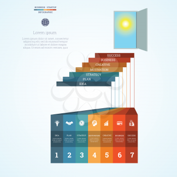  Vector illustration Infographic template steps up ladders and doorway, sky, sun, startup business concept with seven steps or processes. Can be used for workflow, banner, diagram, web design, timeline, area chart,number options