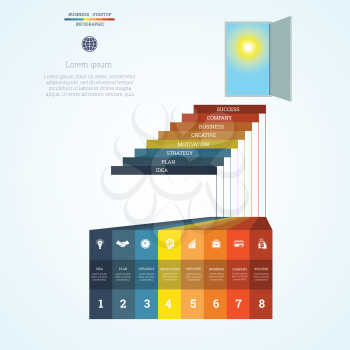  Vector illustration Infographic template steps up ladders and doorway, sky, sun, startup business concept with eight steps or processes. Can be used for workflow, banner, diagram, web design, timeline, area chart,number options