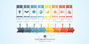 Conceptual Business Timeline Infographic, Vector design template for eight positions can be used for workflow, banner, diagram, web design,  area chart
