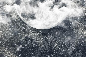 Christmas Night Winter Background With Dark Sky, Moon, Clouds and Falling Snow