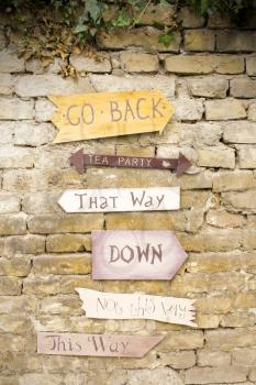 Wooden signs that spells Go Back, Tea Party, That Way, Down, Not This Way, This Way hanging on the Wall