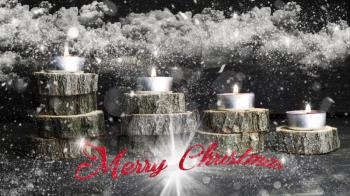 Merry Christmas. Christmas candles burning, decoration on wooden logs resting on rustic wooden background with Snow, Flakes, Stardust, Stars, Clouds and Sun Rays 