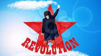 Man standing with fist pointed up on blue background with red star and text that spells Revolution