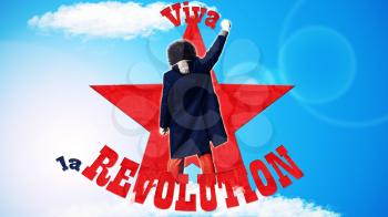 Man standing with fist pointed up on blue background with red star and text that spells Viva la Revolution