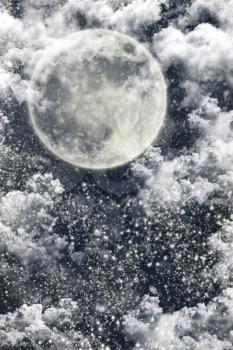 Christmas Night Winter Background With Dark Sky, Moon, Stars, Clouds and Falling Snow