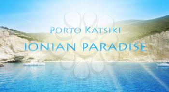 Porto Katsiki Beach in Lefkada Island, Greece. Blured Background With Text Porto Katsiki Ionian Paradise