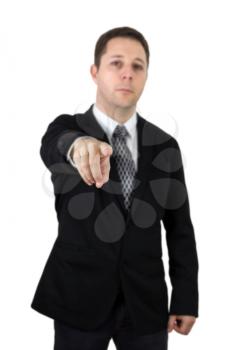Businessman in Black Suit Pointing Index Finger Towards Camera. Focus On The Hand and Finger. Isolated On White Background