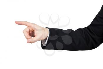 Business Man's Hand in Black Suit Pointing Index Finger. Isolated On White Background