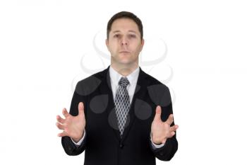 Businessman in Black Suit With Hands Wide Opened. Focus On The Hands. Isolated On White Background