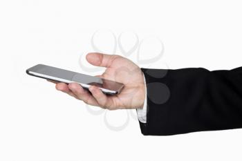Businessmans Hand in Back Suit Holding Smartphone in Hand Against White Background