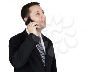 Businessman in Black Suit Talking On The Phone Against White Background