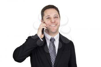 Businessman in Black Suit Talking On The Phone While Smiling and Feeling Happy Against White Background